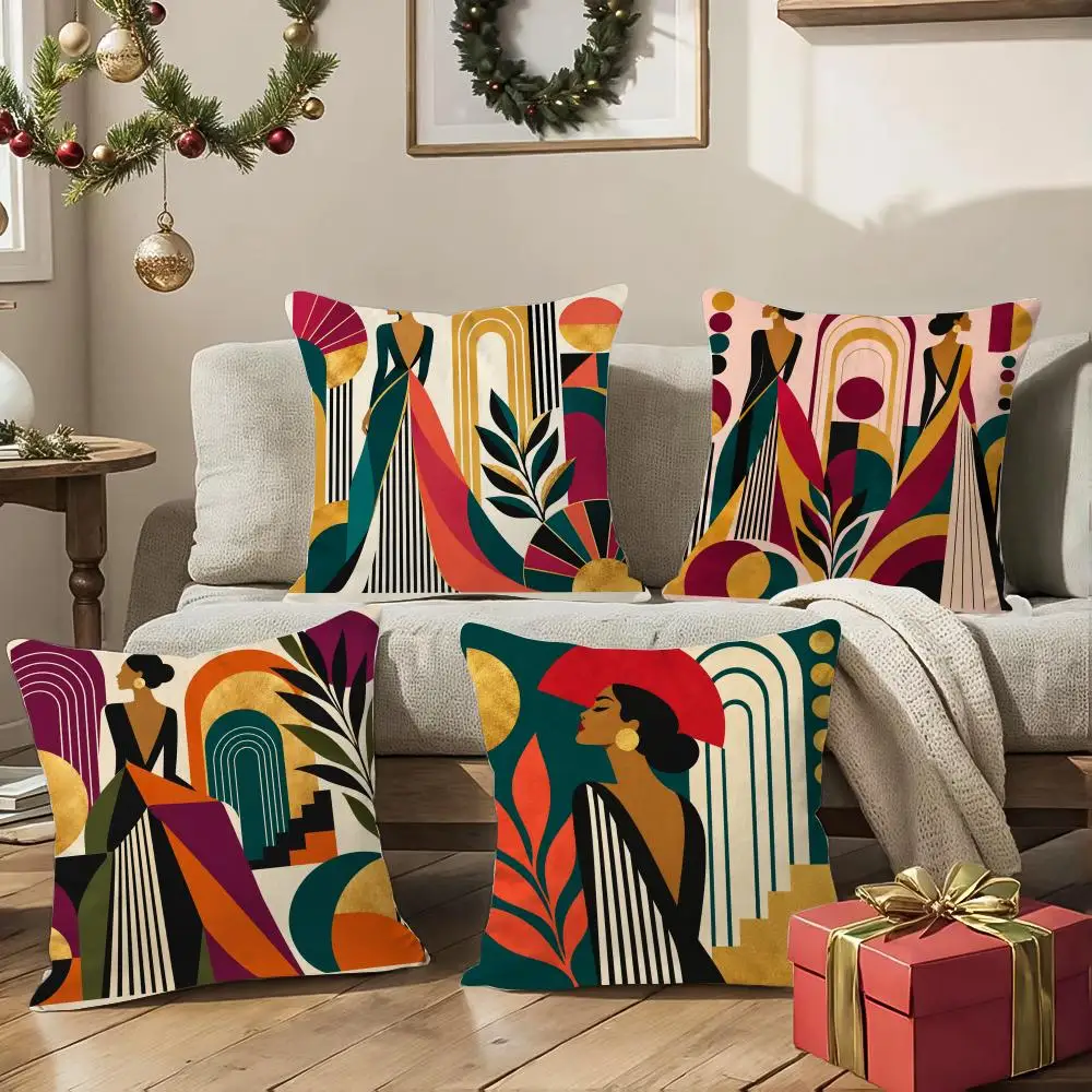 Art Deco Figures Cushion Cover 1/4Pcs Soft Plush Throw Pillow Cover Double-Sided Print Sofa Living Room Decor