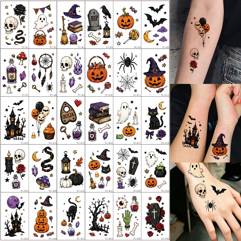 30pcs Waterproof Temporary Tattoos for Halloween Party Bat Pumpkin Skull Tattoo Stickers for Women and Men Face Body Makeup