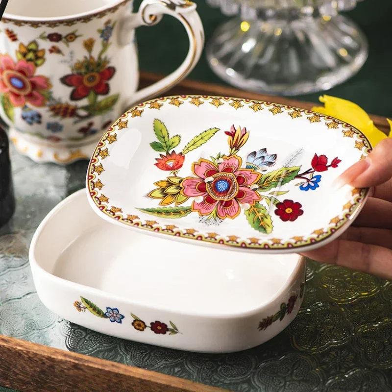 French Soap Box Ceramic Drain Holder Flower Pattern Design Soap Dish Toilet Soap Storage Rack Bathroom Accessories 2024 New
