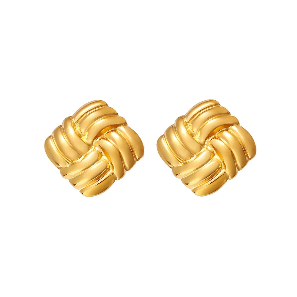 1 Pair Vintage Big Square Stud Earrings For Woman Lady, Gold Plated Stainless Steel Jewelry Girl's Daily Wear Stripe Earrings