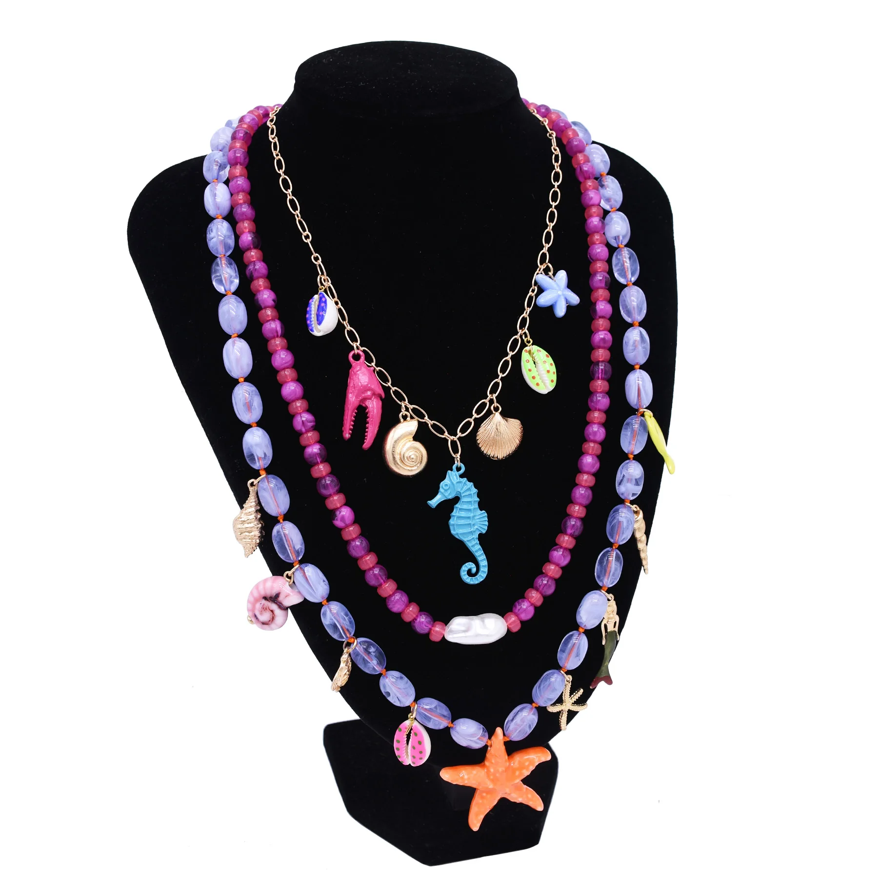 Summer Ocean Series Conch Seahorse Starfish Pendant Multi Layer Necklace Handmade Beads Chain Women's Jewelry Female Accessory