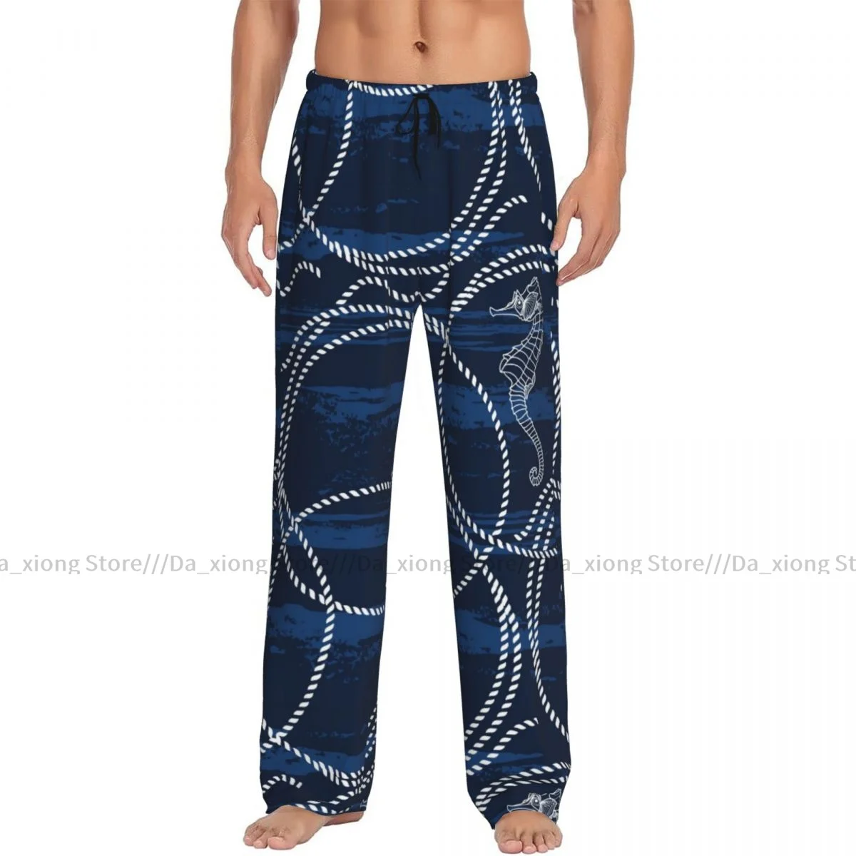 Mens Casual Pajama Long Pant Loose Elastic Waistband Seahorses And Marine Ropes Navy Print Cozy Sleepwear Home Lounge Pants