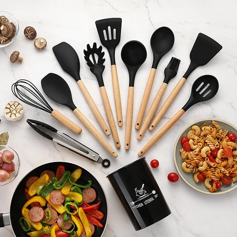 

4/11/12PCS Silicone Cooking Utensils Set Non-stick Spatula Shovel Wooden Kitchen Tools Handle with Storage Box