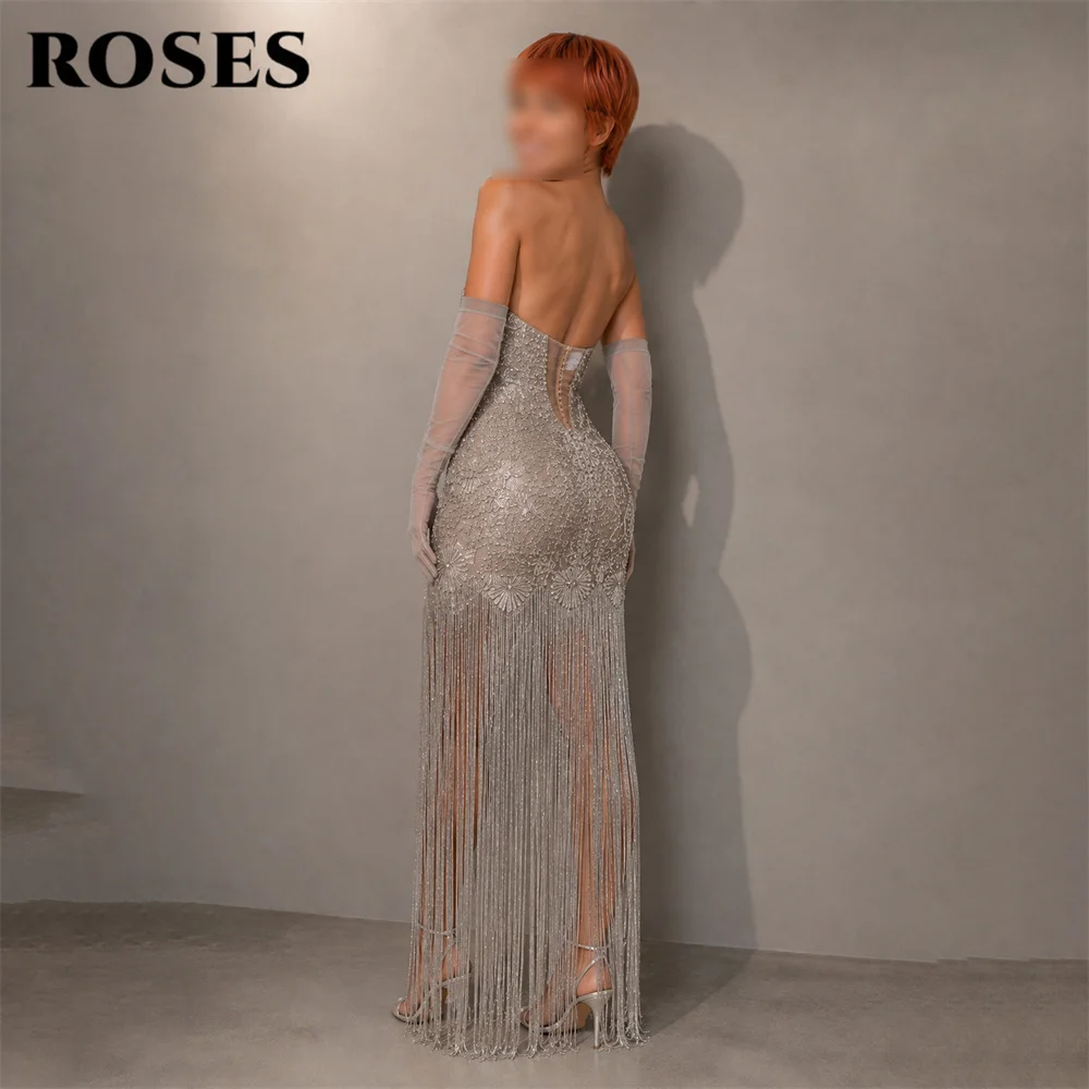 ROSES Sliver Evening Dress Strapless Sleeveless Party Dresses Glitter Sequins Tassel vestidos de fiesta Prom Gowns Customized