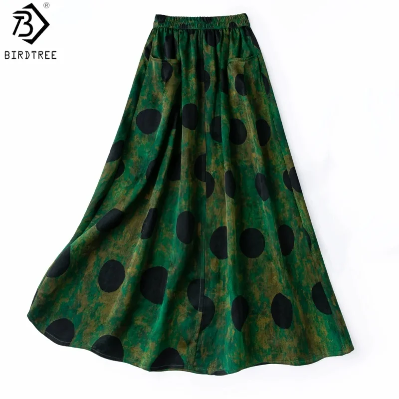 Birdtree, 100% Silk Jacquard Satin Skirt, Elastic Waist, Women's Floral Luo Xiangyunsha Retro Skirts, 2026 Summer New D67301JF