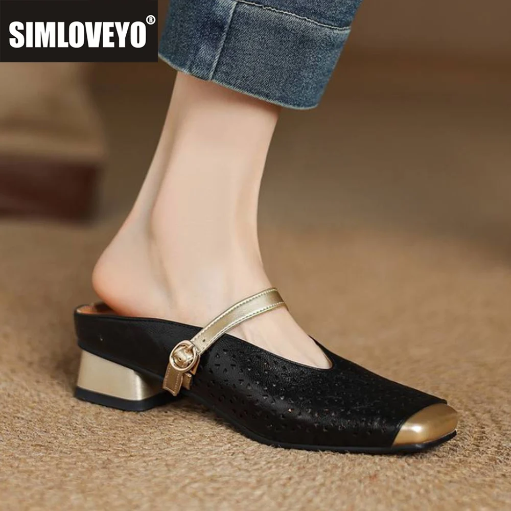 

SIMLOVEYO/2026, новые женские сабо с квадратным носком, дышащие сандалии без шнуровки на среднем квадратном каблуке 3,5 см, большие размеры, 42-43 с вырезом