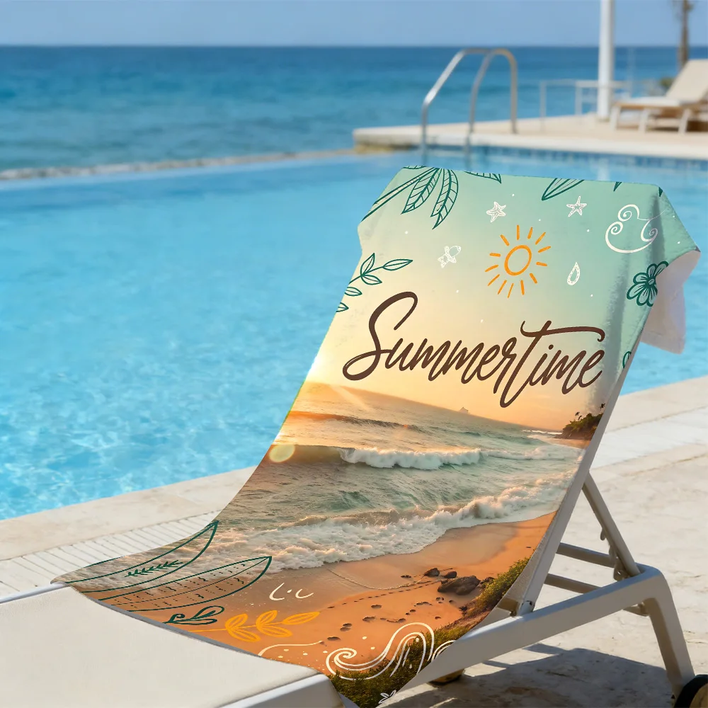 Summertime Beach Towel – Oversized Quick Dry Sand Free with Sunset & Hand-Drawn Palm Print
