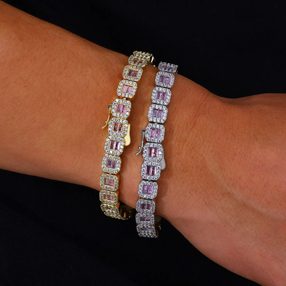 Gioielli Hip Hop Bling Collane da tennis 8mm Nuovo design Ragazze Baguette ghiacciate Rosa CZ Catena da tennis pavimentata Regalo per feste