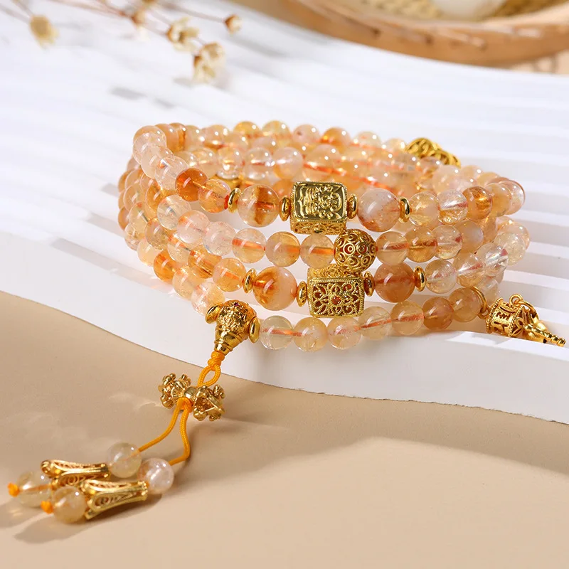 2026 Natural Yellow Tower Crystal 108 Beads Bracelet for Women Buddha Prayer Beads Multilayer New Chinese Style Handheld Jewelry