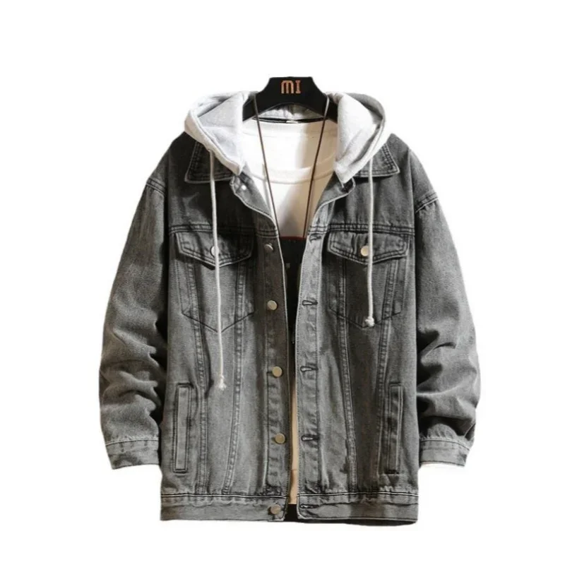 

Denim Jacket Men Hooded Casual Men Jean Jackets Streetwear Solid Color Turn Down Collar Denim Coats Men Jacktes Hat Detachable