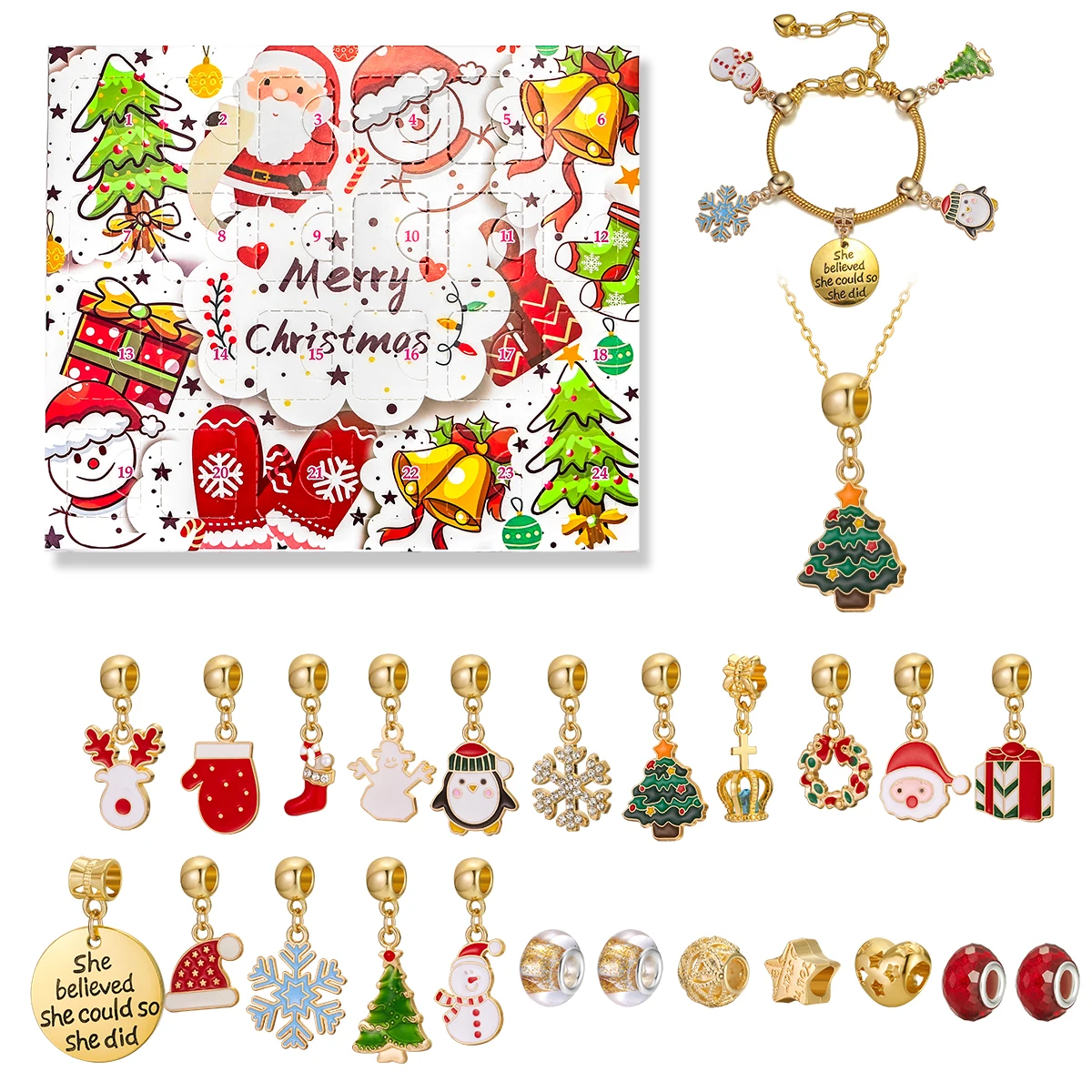 

25Pcs/Set Fashion Creative Colorful Santa Claus Snowman Golden Pendant Diy Beaded Bracelet For Women Niche Christmas Party Gifts