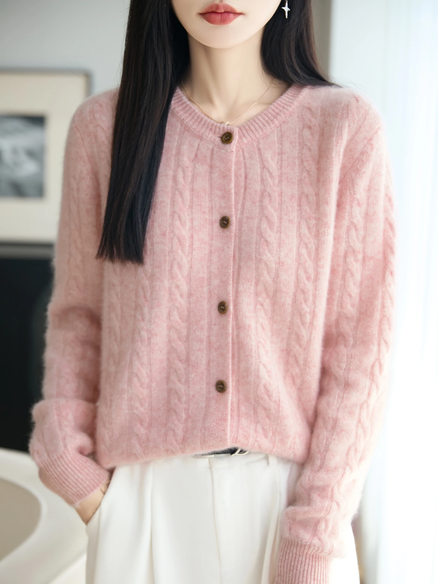 Women 100% Merino Wool Cardigan, Long Sleeve O-Neck Button Sweater, Thick Warm Versatile Knit Top for Autumn Winter Jumper