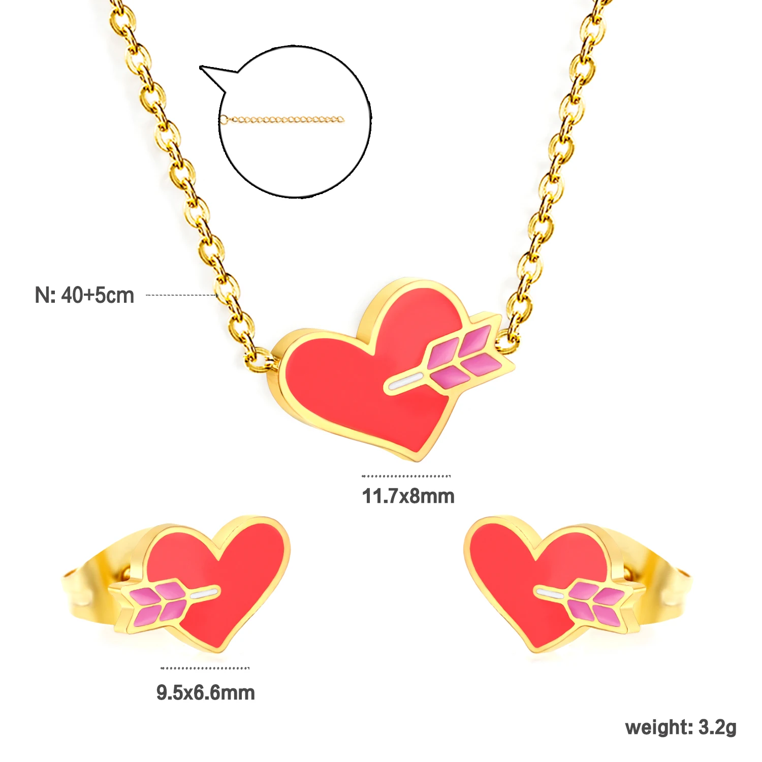 Cute Style Heart-shaped Bow Pendant Necklace and Earrings Two-piece Set for Girls, Stainless Steel Fashionable INS-style Jewelry