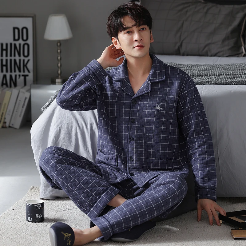 Newest 3XL-6XL Men Turn-down Collar Pajamas Set Winter Thick Warm Air Clip Cotton Pyjamas