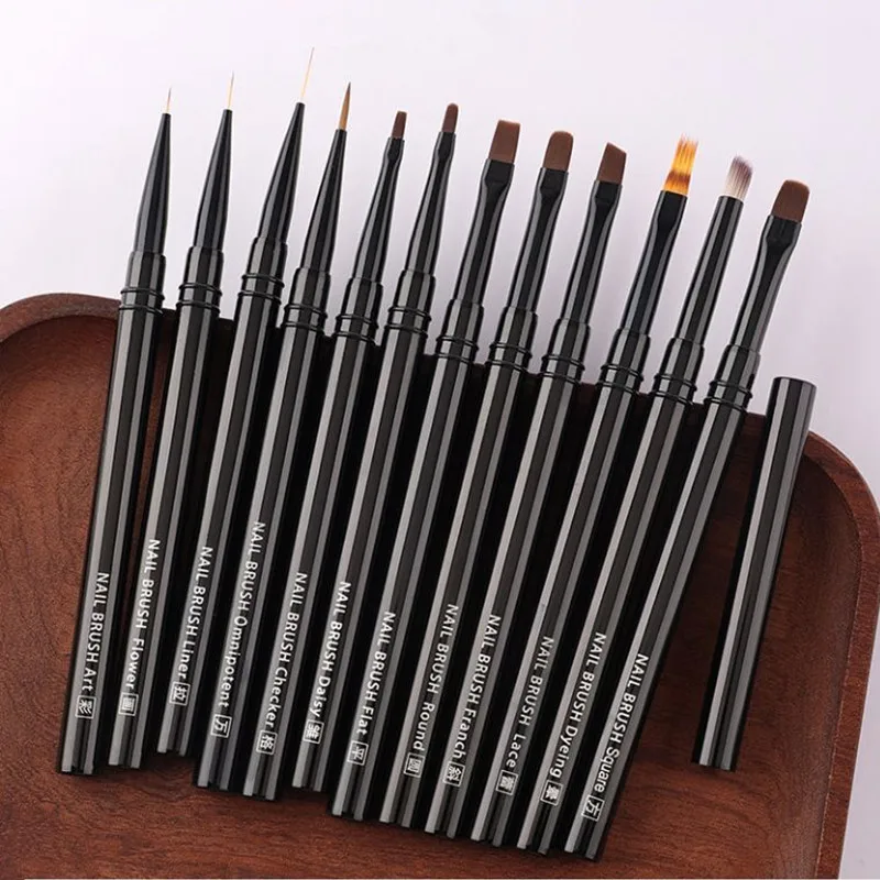 12 Stijl Zwart Metalen Handvat Nail Art Pen Borstel Kleurpen Ronde Lichttherapie Pen Halo Pen Nageltekenpen Bloem Pen