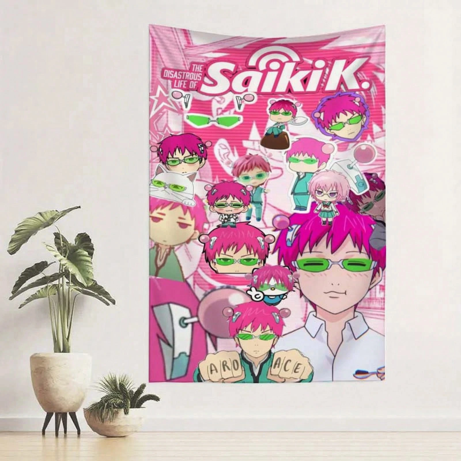 1 Stück The Disastrous Life of Saiki K Wandteppich, rosa Collage-Wandbehang, Hintergrundstoff für Wohnzimmer, Schlafzimmer, Anime-Ästhetik-Dekor