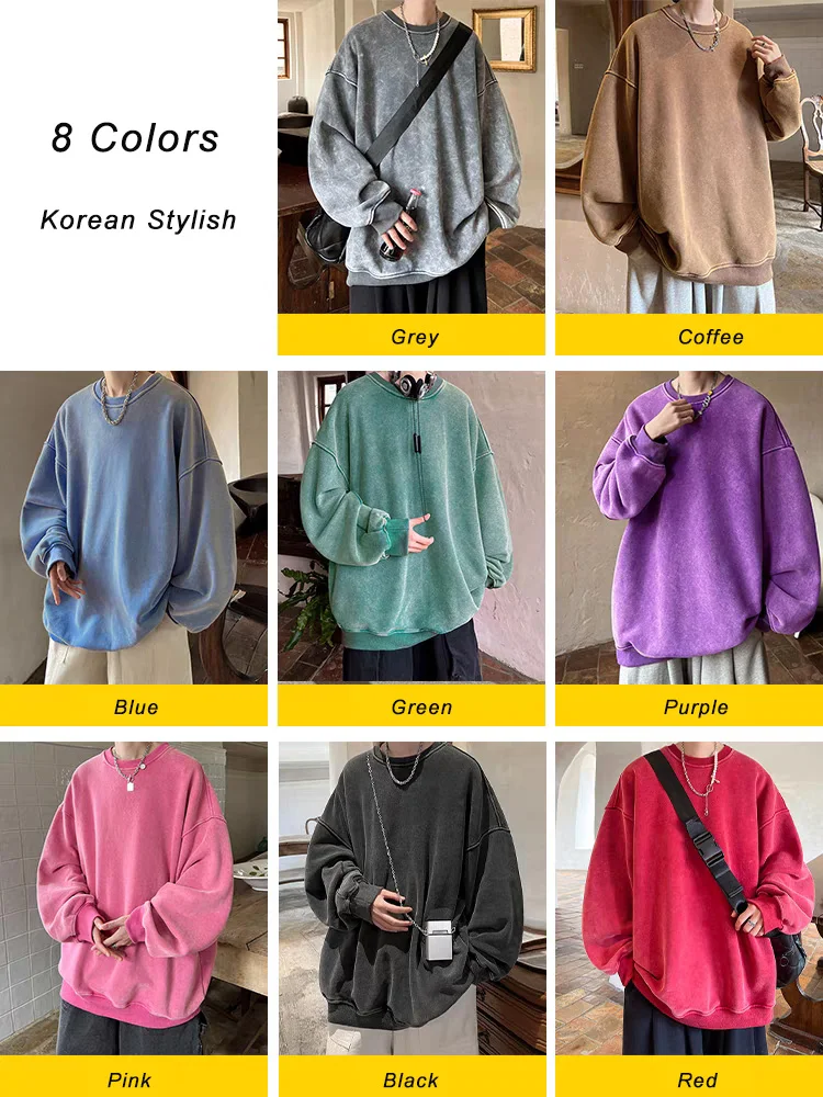 360G Heavy Cotton Oversized Sweatshirts Men/Women Korean Fashion Couples Crew-Neck Vintage Washed Y2K Hoodie Loose Pullover Tops