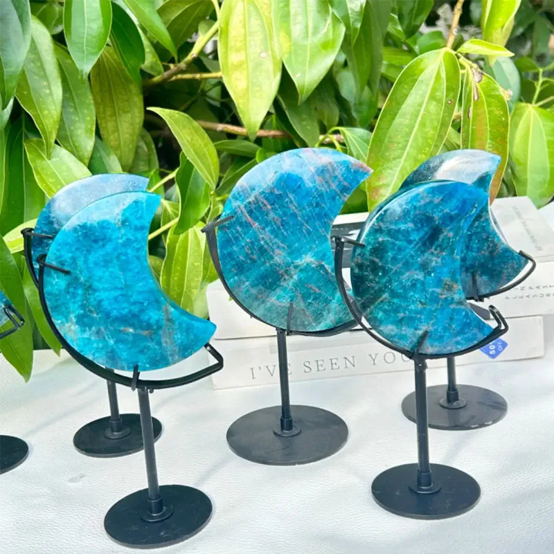 Blue Apatite Rock Crescent Moon Hand Carved Natural Quartz Crystal Gemstone Moon Collectible for Metaphysical Office Home Decor