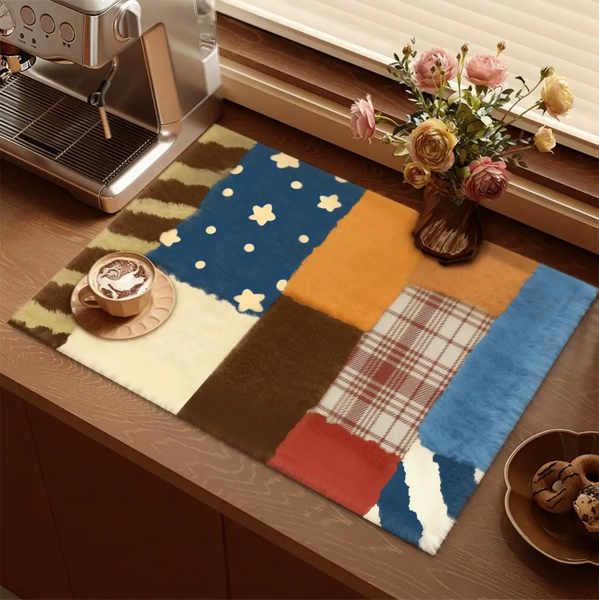 Absorbent Leather Dish Mat for Kitchen Counter American Dopamine Geometric Patchwork Color Blocking Anti-Slip Tableware Pad