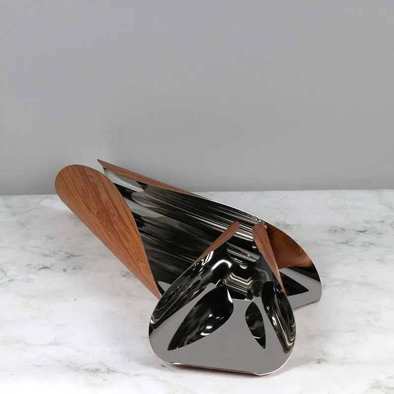 Modern Stainless Steel Fruit Plate Wood Grain Design Round Tray for Living Room Coffee Table Home Decor Ornament Display