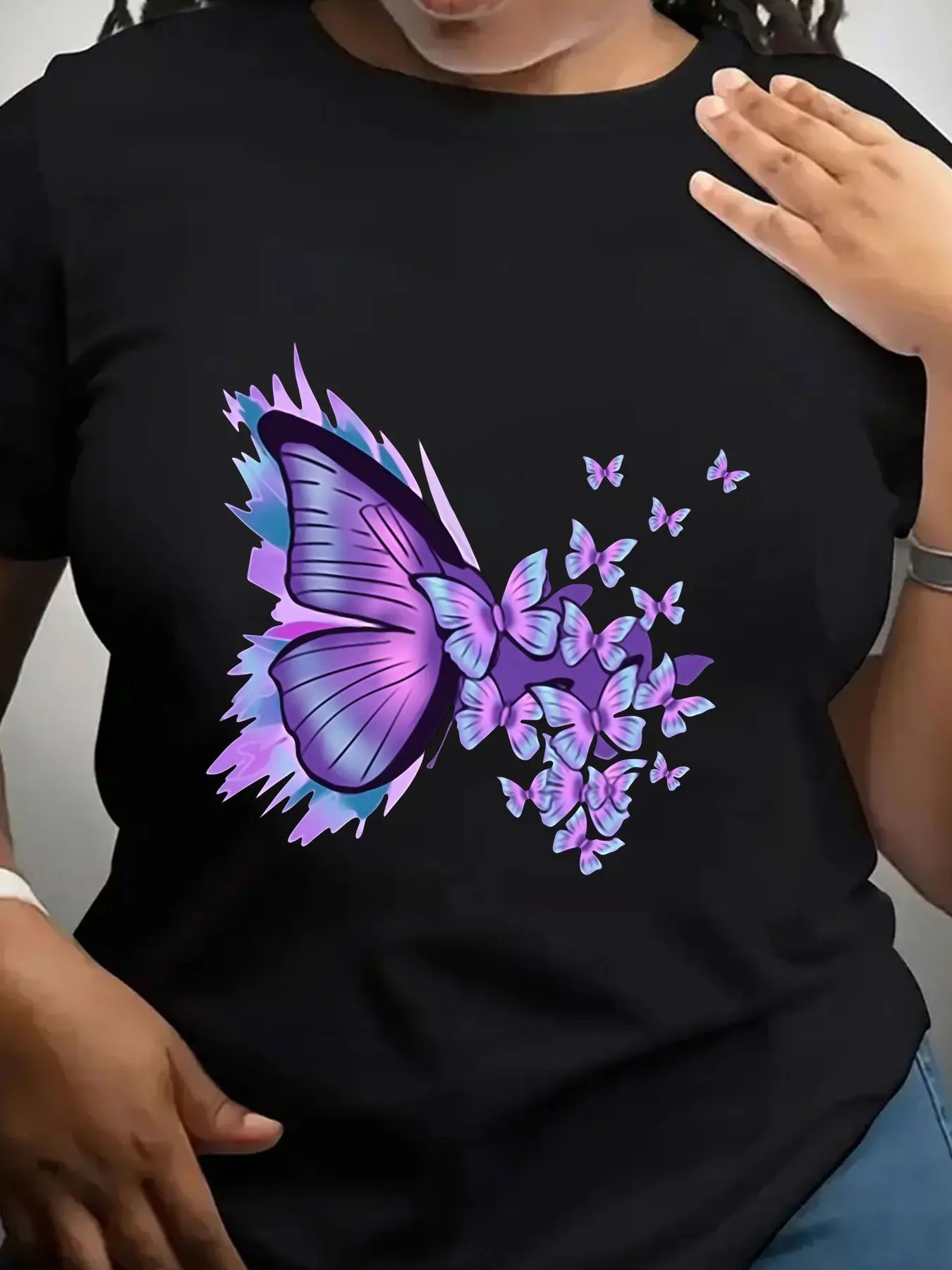 Women's Trendy Crew Neck T-Shirt Purple Butterfly Splash Art Print Suitable for Casual Sportswear