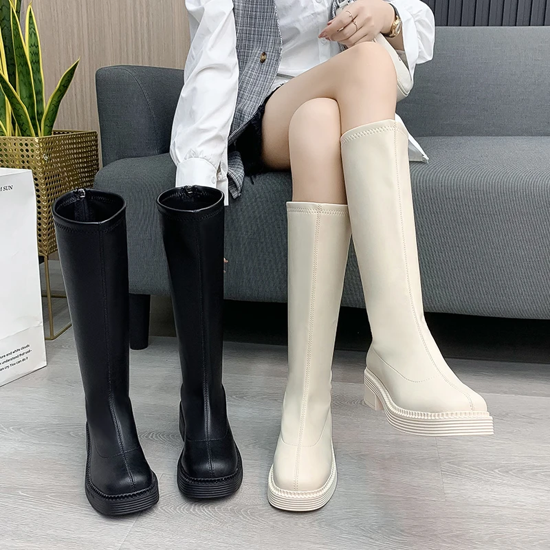 LazySeal Black White Knee Boots Square Toe Autumn Winter Zipper Fashion Women Boots 4.5cm Med Heels Modern Boots Big Size 44