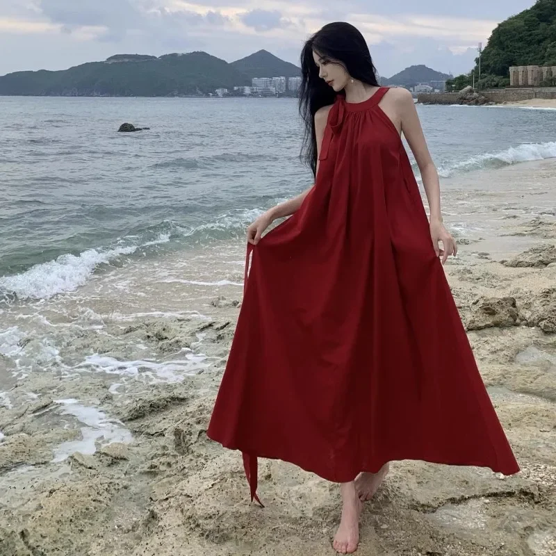 Women's Summer Vacation Halter Neck Red Dress Cloud Pattern Sleeveless Long Dress For Beach Vacation In Yunnan Sanya