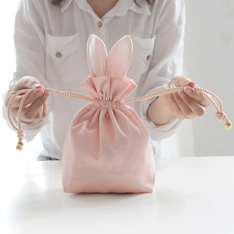 Girls Storage Bag Cute Rabbit Fur Ball Drawstring Makeup Organizer Women Portable Travel Cosmetics Bag Pouch Jewellery Container