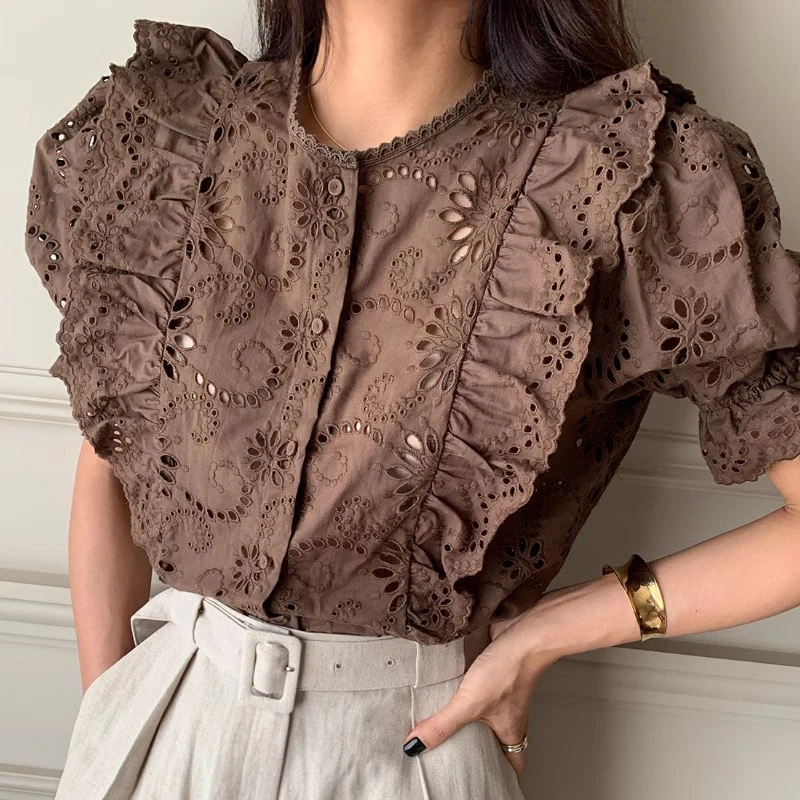 Nomikuma Korean Chic 2024 Summer French Chic Hollowed Out Hook Flower Versatile Ruffle Edge Puff Sleeve Shirt for Women