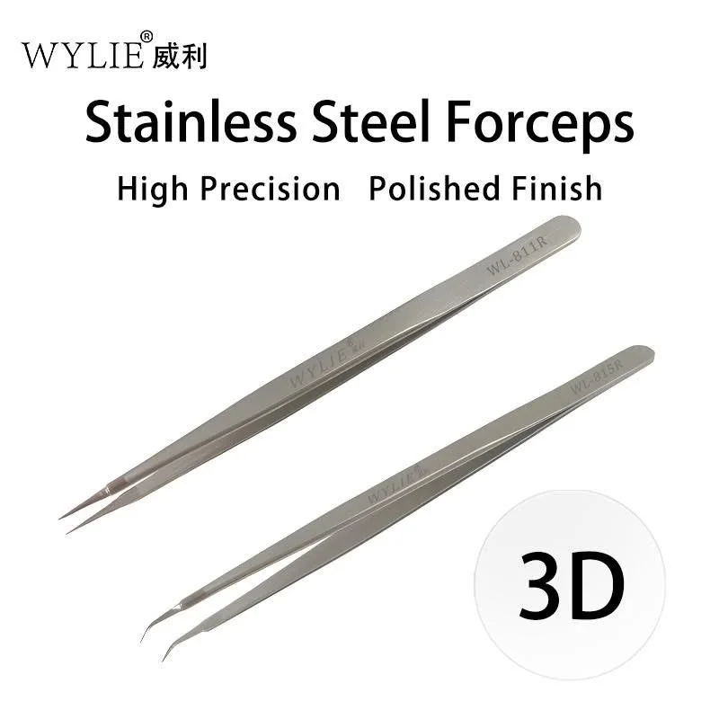 WEILI high-precision 3D stainless steel tweezers, ultra-fine straight and curved tips, ultra-hard steel tweezers.