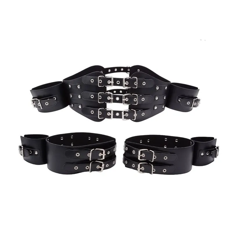 Gothic Faux Leather Body Harness Set Adjustable Waist Belt With Wrist Cuffs Thigh Thigh Garters Couple Cosplay Game Accessories