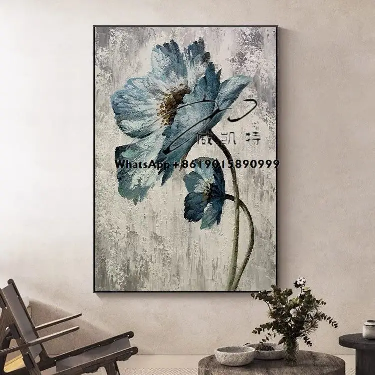 لوحة قماشية على شكل زهرة مرسومة يدويًا لوحات أخرى حديثة لا تزال الحياة معلقة على الحائط الفني الأزرق لتزيين غرفة المعيشة والفندق