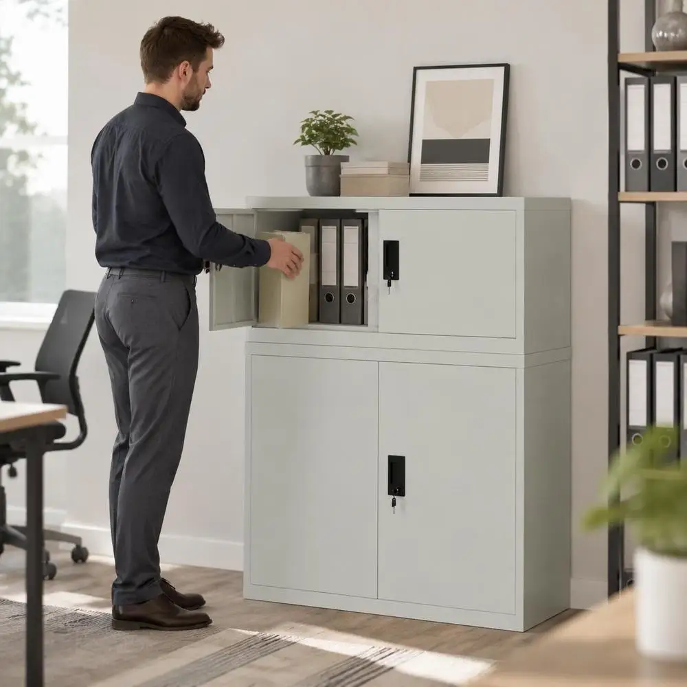 Armoire de classement en acier gris clair 90 x 40 x 110 cm avec porte verrouillable et étagère réglable pour le rangement des documents de bureau à domicile.