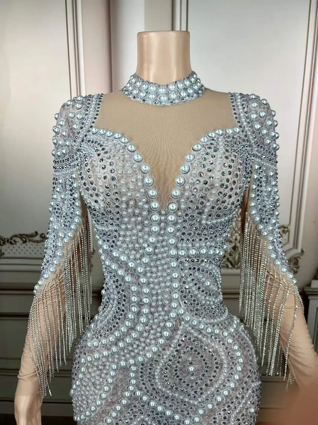 Birthday Beaded Mini Dress Women Party Evening Prom Drag Queen Outfits Dancer See Through Sheer Halter Neck Stunning Gogo Show