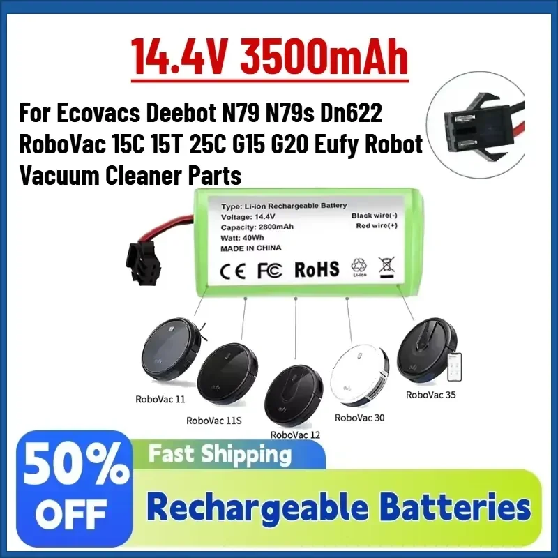 High-Quality 14.4V 3500mAh Battery for Ecovacs Deebot N79 N79s Dn622 RoboVac 15C 15T 25C G15 G20 Eufy Robot Vacuum Cleaner