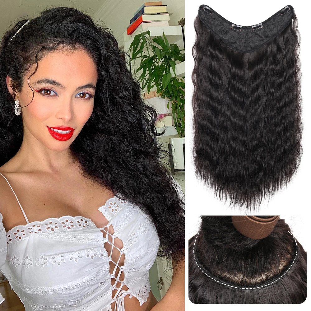 Synthetic V Shaped Clip In Hair Extensions Corn Wavy Black Brown One Piece Clip In Hair With 4 Clips Extensions For Women 22Inch