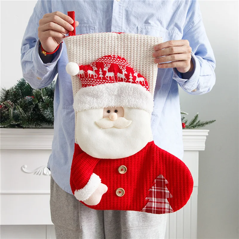 Chaussettes de décoration de cheminée du père Noël, grands bas de Noël, rouge et blanc, sacs cadeaux de Noël, porte-bonbons, décor pour la maison