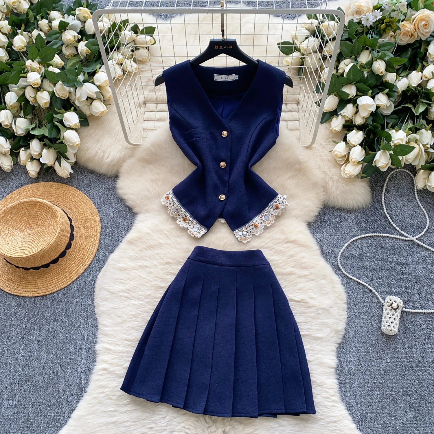 Conjunto de moda sin mangas con diamantes de imitación para mujer, minivestido informal de dos piezas con cuello en V, Top hotsweet