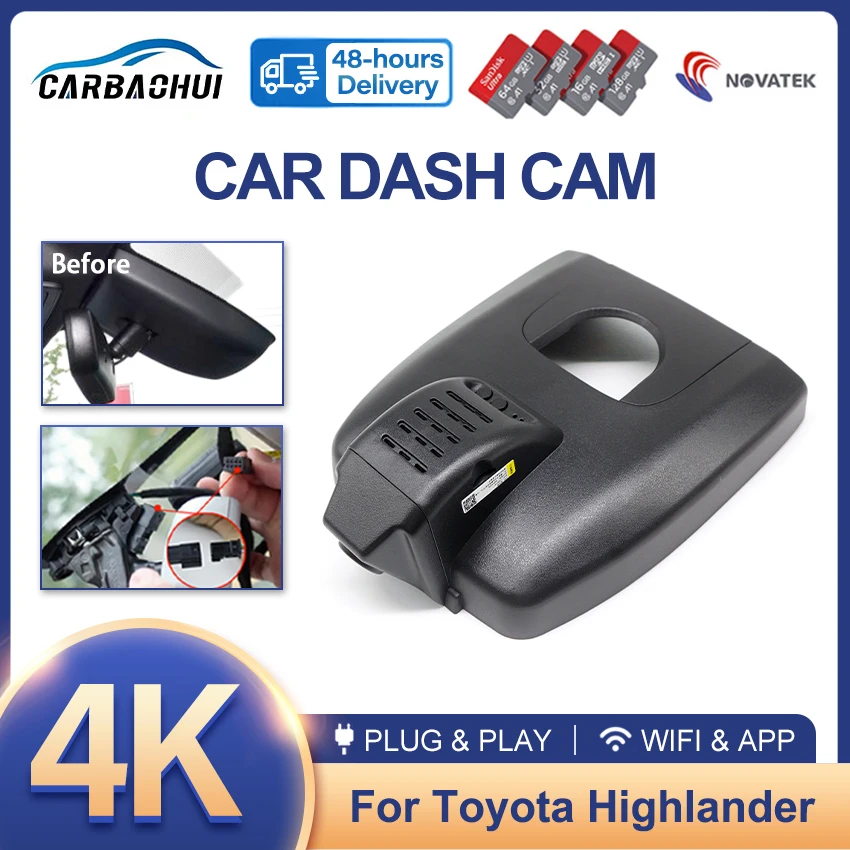 New! 4k 2160p Car DVR Video Recorder Plug and play Dash Cam Camera For Toyota Highlander 2017 2018 2019 2020 2021 2022 2023 2024