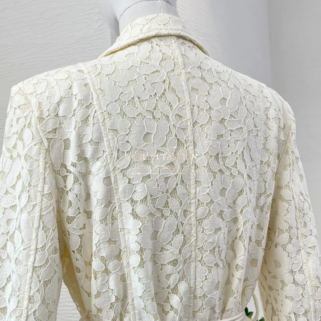 

2025 High Quality White Lace Patchwork Long Sleeve Jacket Tops and Shorts Set