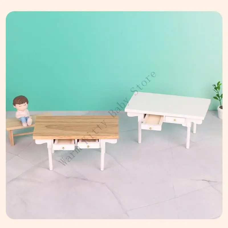 

Miniature Wooden Modern Desk Model Mini School Desk Table with Drawers For 1/12 Dollhouse Office Library Study Room Furniture