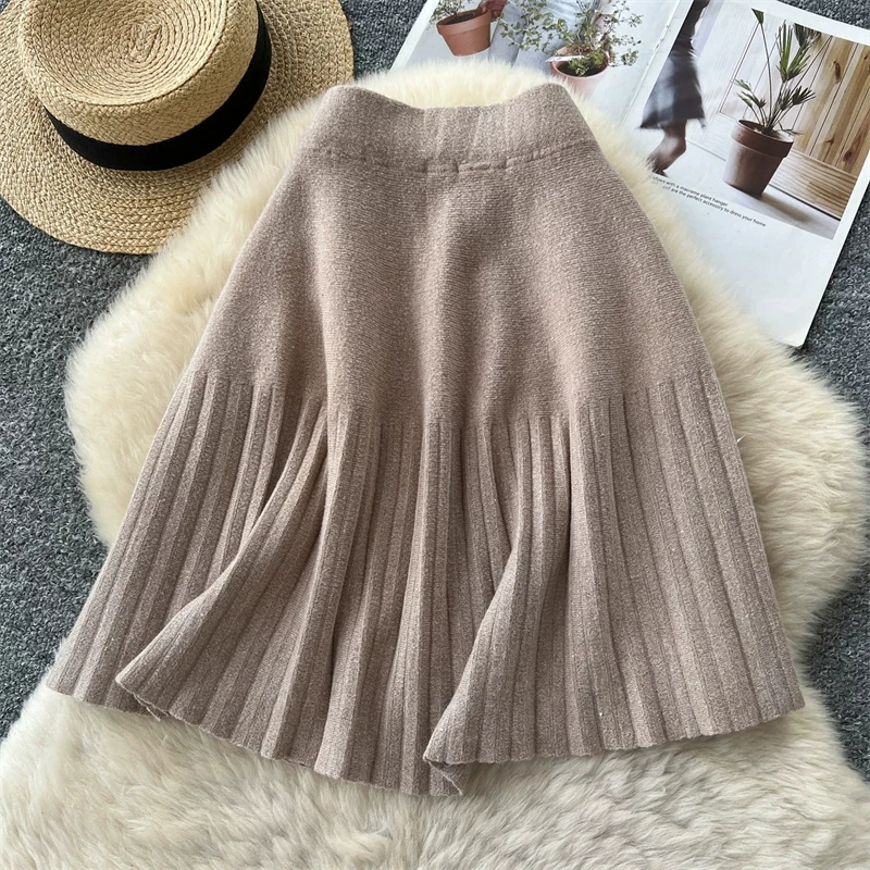 Damen-Strick-Minirock mit hoher Taille, plissierter Swing-Rock, Herbst-Winter, warm, weich, A-Linien-Rock, Damen-Freizeitkleidung, Alltagsbekleidung, Unterteil 644 – Detail 2