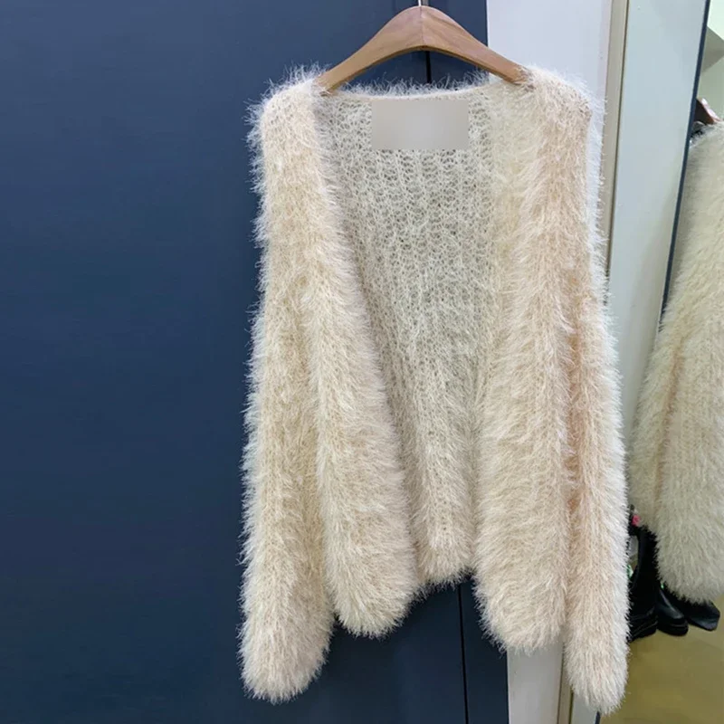 Winter Elegant Women V-Neck Mohair Sweater Coat Mink Cashmere Knitwear Tops Soft Loose All-match Lantern Sleeve Cardigan