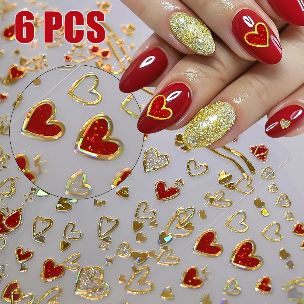 

6 Sheet 5D Laser Gold Heart Nail Stickers Red Glitter Love Nail Art Charms Y2K Bowknot Nail Sliders Self Adhesive Manicure Decal
