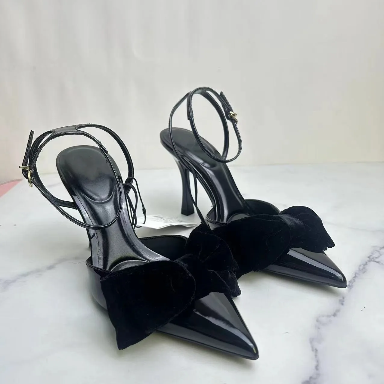 TRAF Velvet Bow Partent Leather High Heels Women Black Point Head Thin Heel Stiletto  Metal Ankle Strap Slingback Pump For Woman