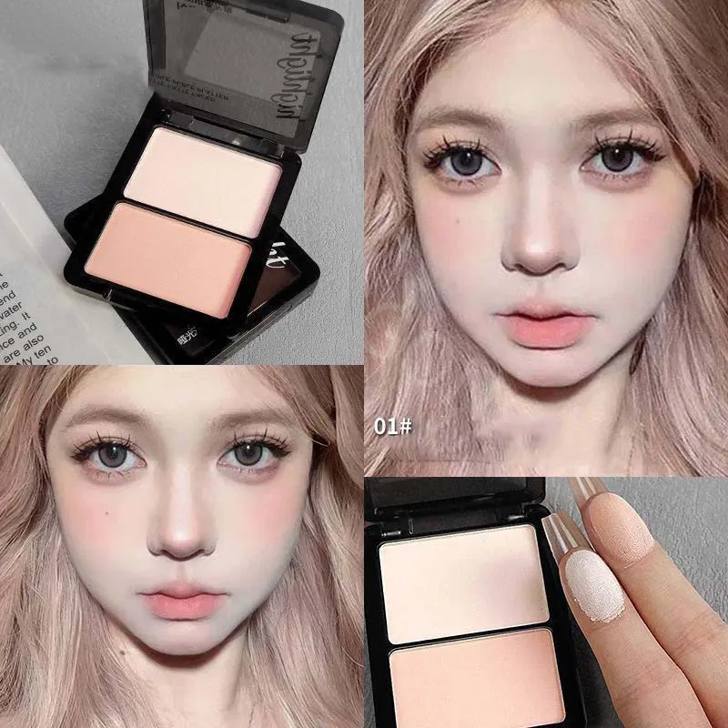 Dwukolorowy rozświetlacz i cień do powiek w pudrze, delikatny, naturalny, lekki, matowy wykończenie, cień do powiek z efektem soft focus, rozjaśniający makijaż.