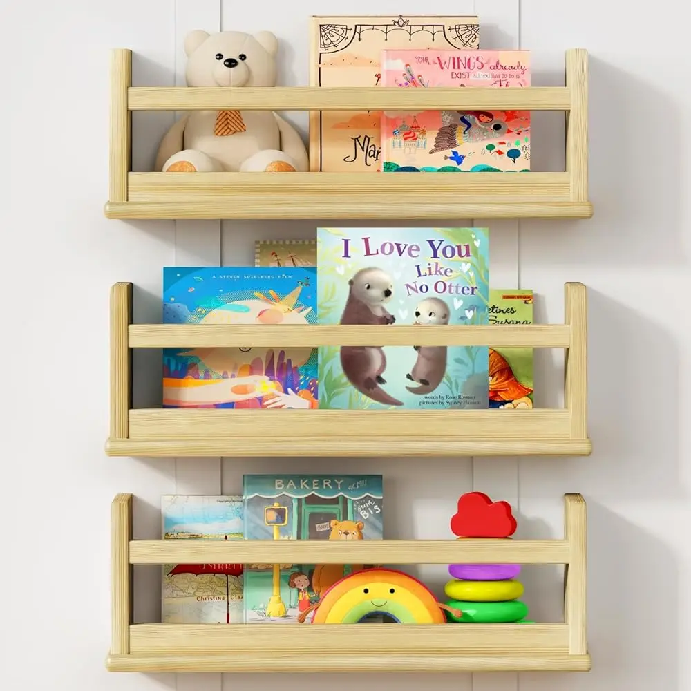 

Upgraded Wooden Floating Nursery Book Shelves For Wall, Natural Wood Bookshelf For Kids Room Baby Child Bedroom, Small Mounted