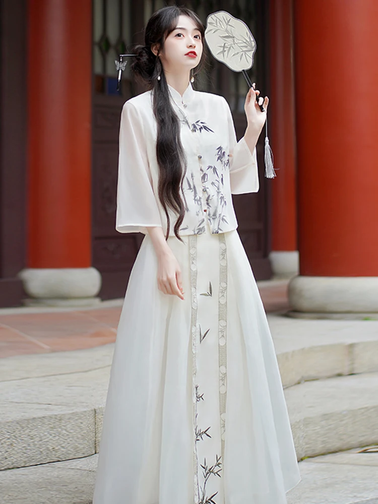 New Chinese Women's Clothing plus Size Ming Hanfu Top Elastic Waist Horse-Face Skirt Two-Piece Set Improve Style Dress