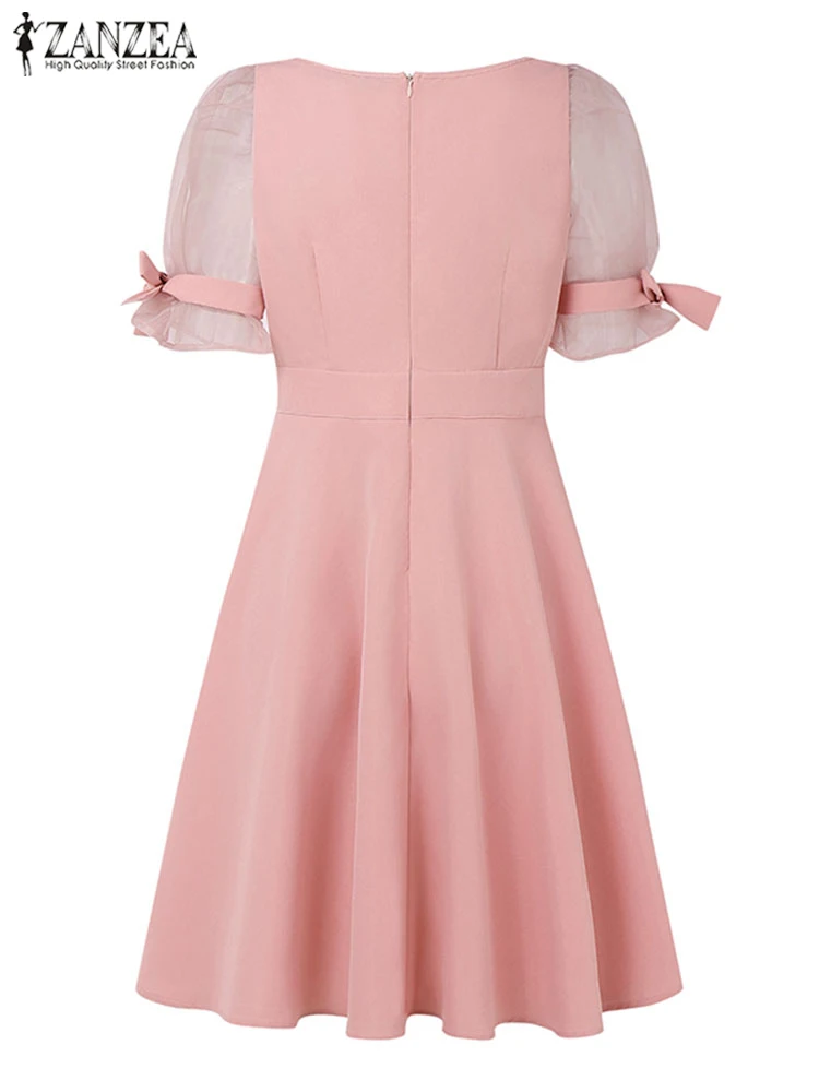 فستان حفلات نسائي من ZANZEA صيفي بأكمام قصيرة وخصر عالي على شكل حرف a بطول الركبة فستان صيفي مثير بياقة مربعة رداء شاطئ غير رسمي متين