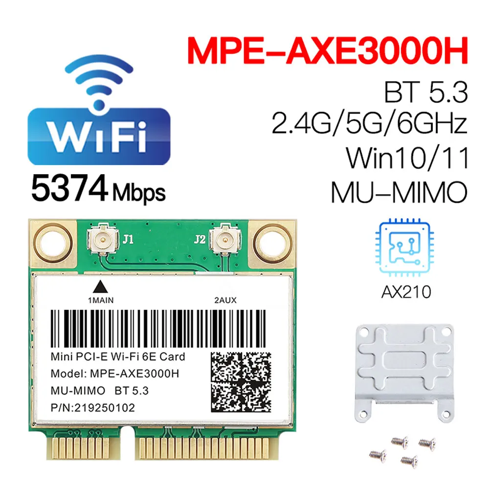 Placa sem fio Tri Band para desktop e laptop, WiFi 6E, AX210, Mpe-AXE3000H, AC7265, BT 5.3, Mini PCIE, adaptador Wi-Fi, Win10, 5374Mbps